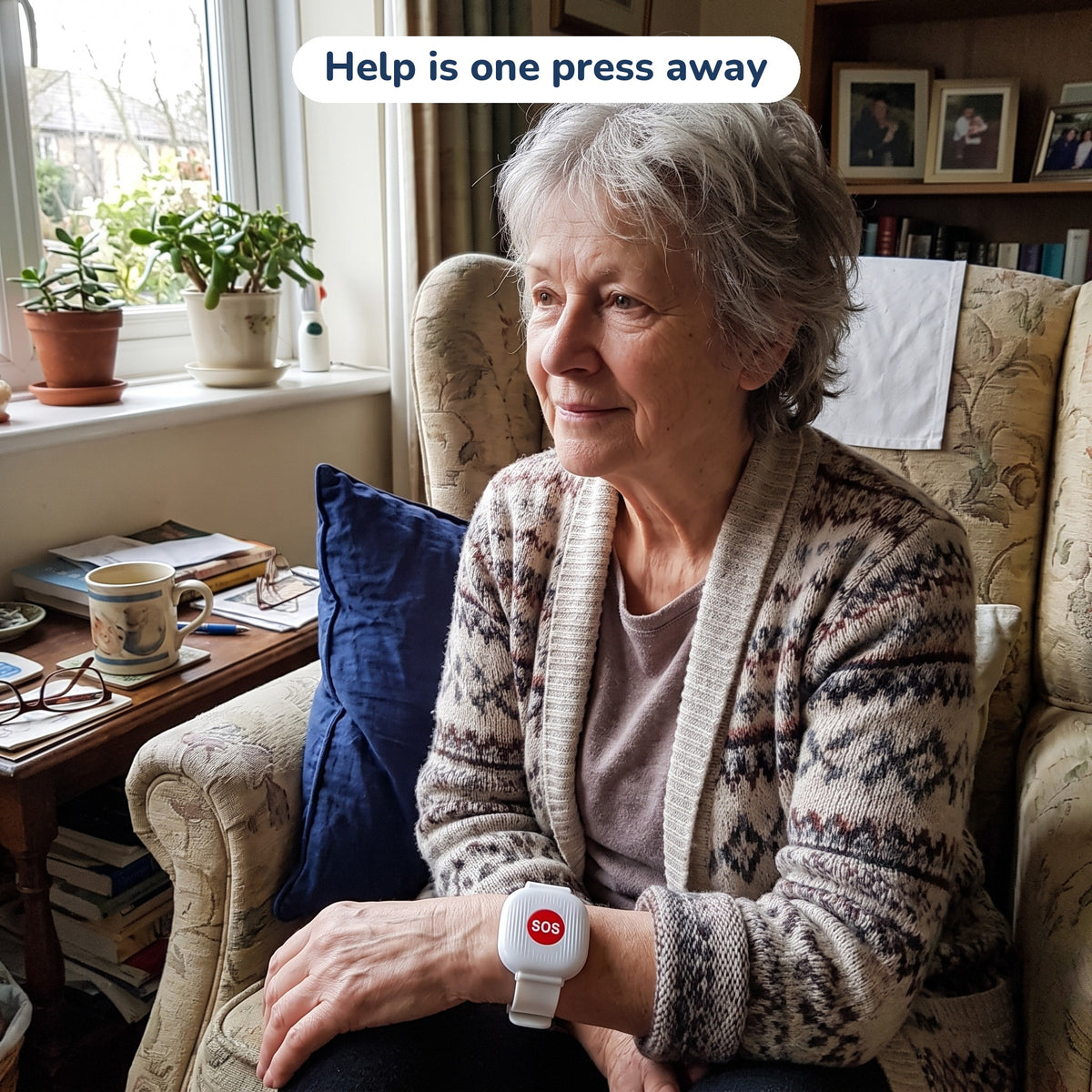 Older woman wearing the Kinly SOS bracelet at home