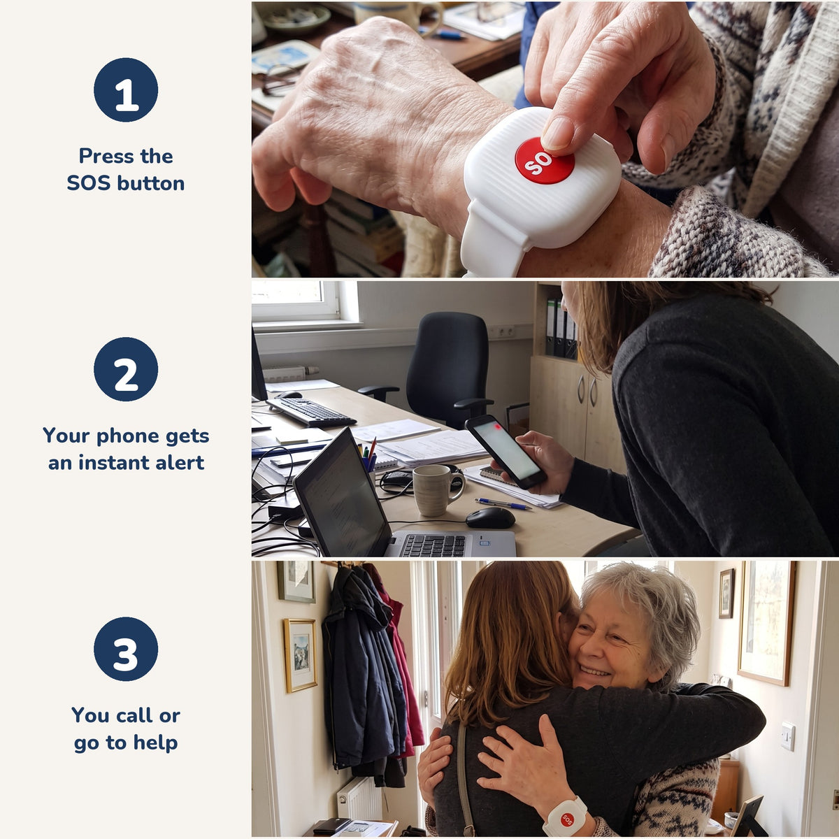 How Kinly works: press the SOS button, your phone gets an alert, you go to help