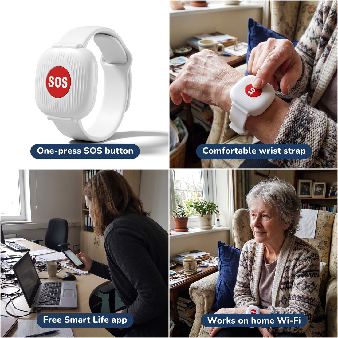 Kinly details: one-press SOS button, wrist strap, free Smart Life app, home Wi-Fi