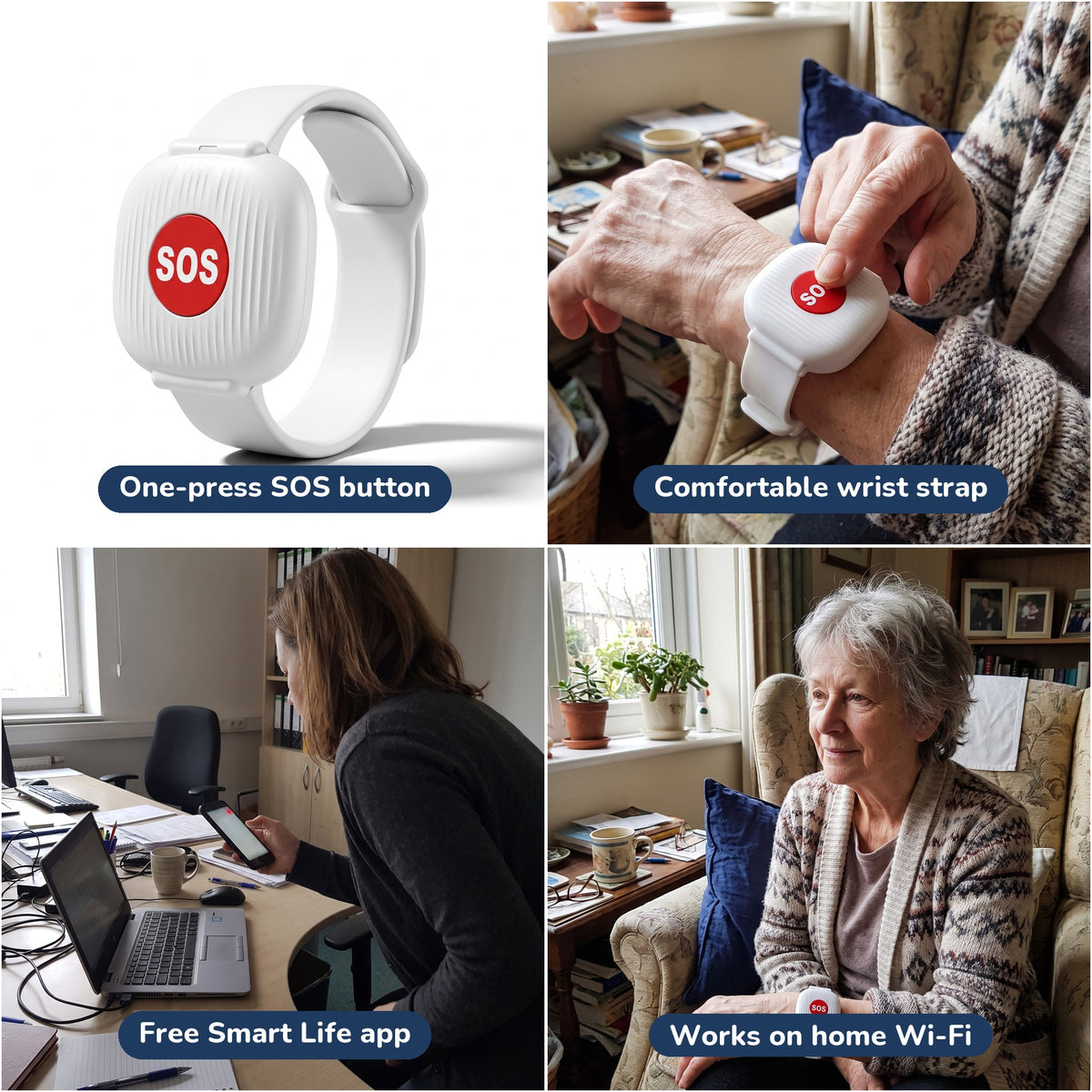 Kinly details: one-press SOS button, wrist strap, free Smart Life app, home Wi-Fi