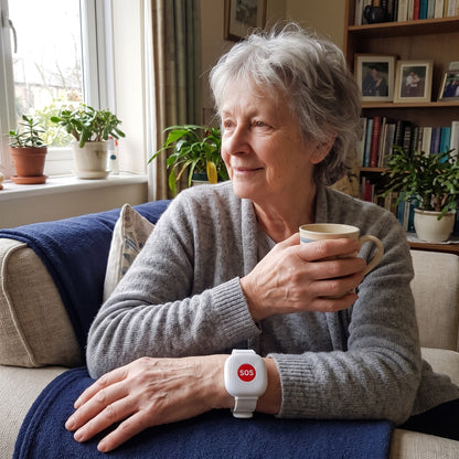 Relaxed older woman at home wearing the Kinly SOS bracelet
