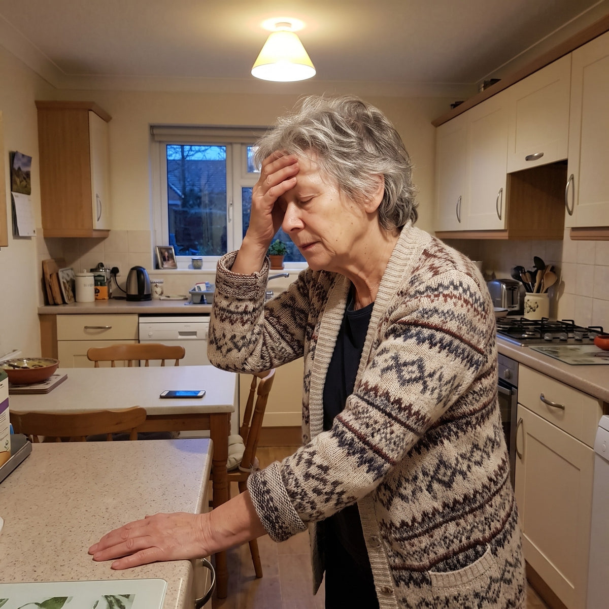 Older woman feeling dizzy in her kitchen, phone out of reach